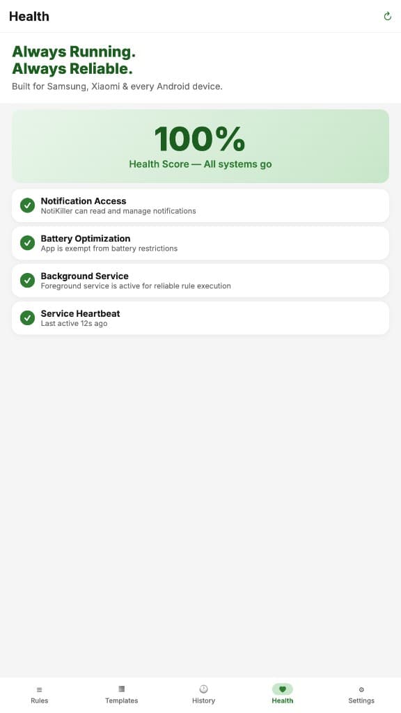 NotiKiller health diagnostics for reliable background execution