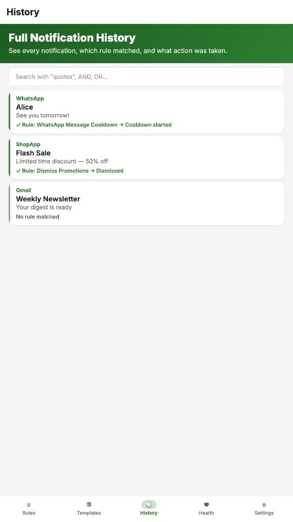 NotiKiller full notification history with rule match indicators