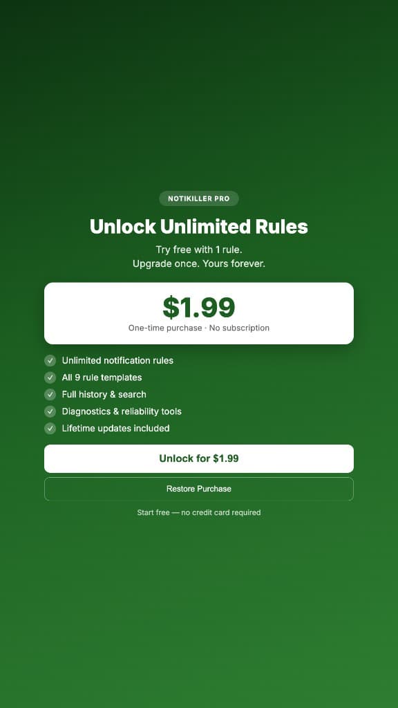 NotiKiller Pro upgrade screen