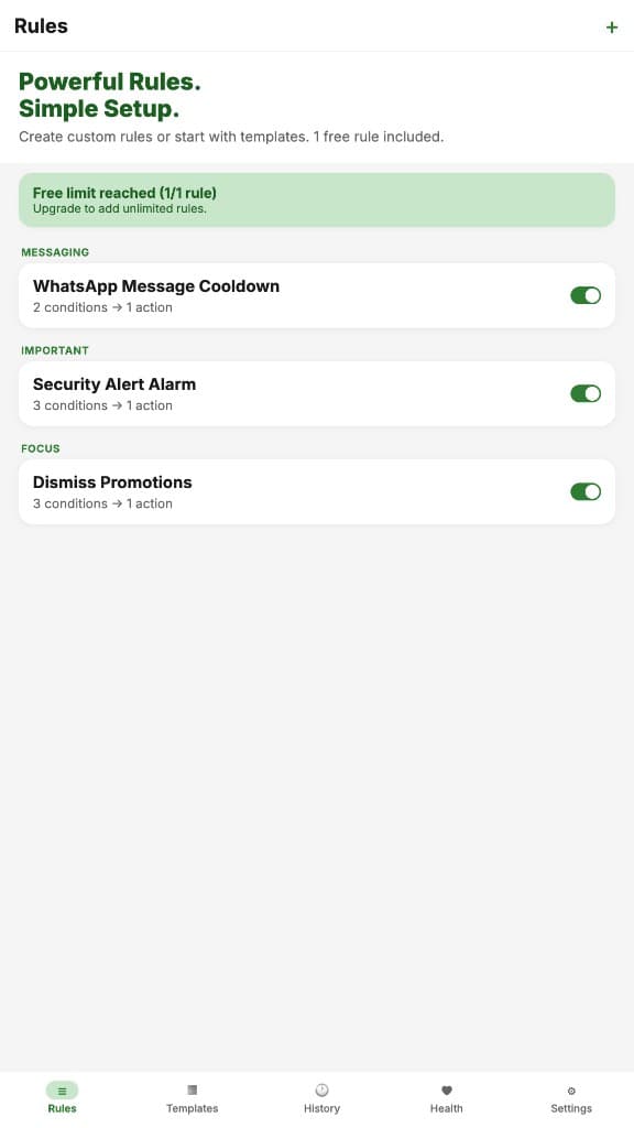 NotiKiller rules screen showing powerful rule-based notification control