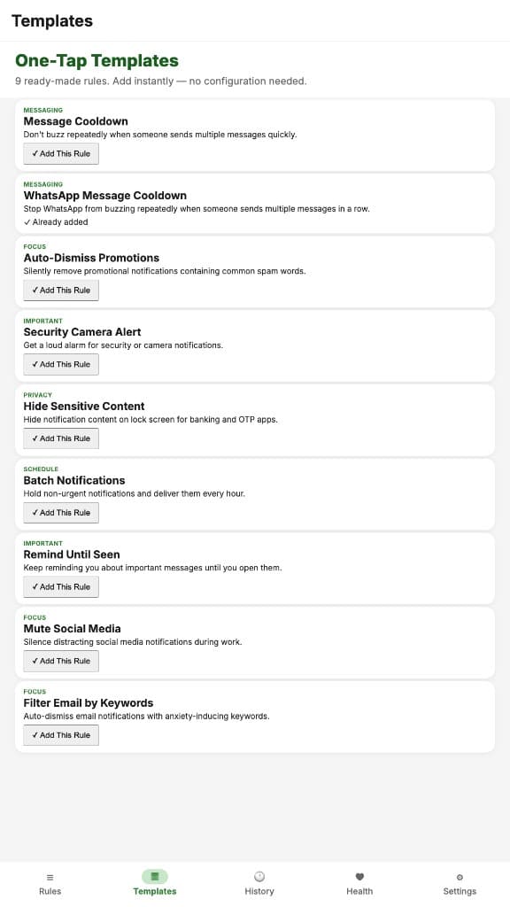 NotiKiller one-tap templates for common notification scenarios